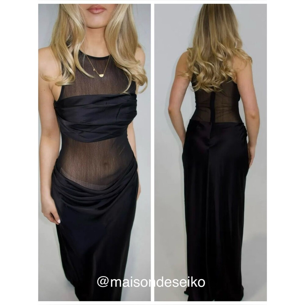 NBD Maxi Dress Black Fiza Sheer Satin Sleeveless size XS
